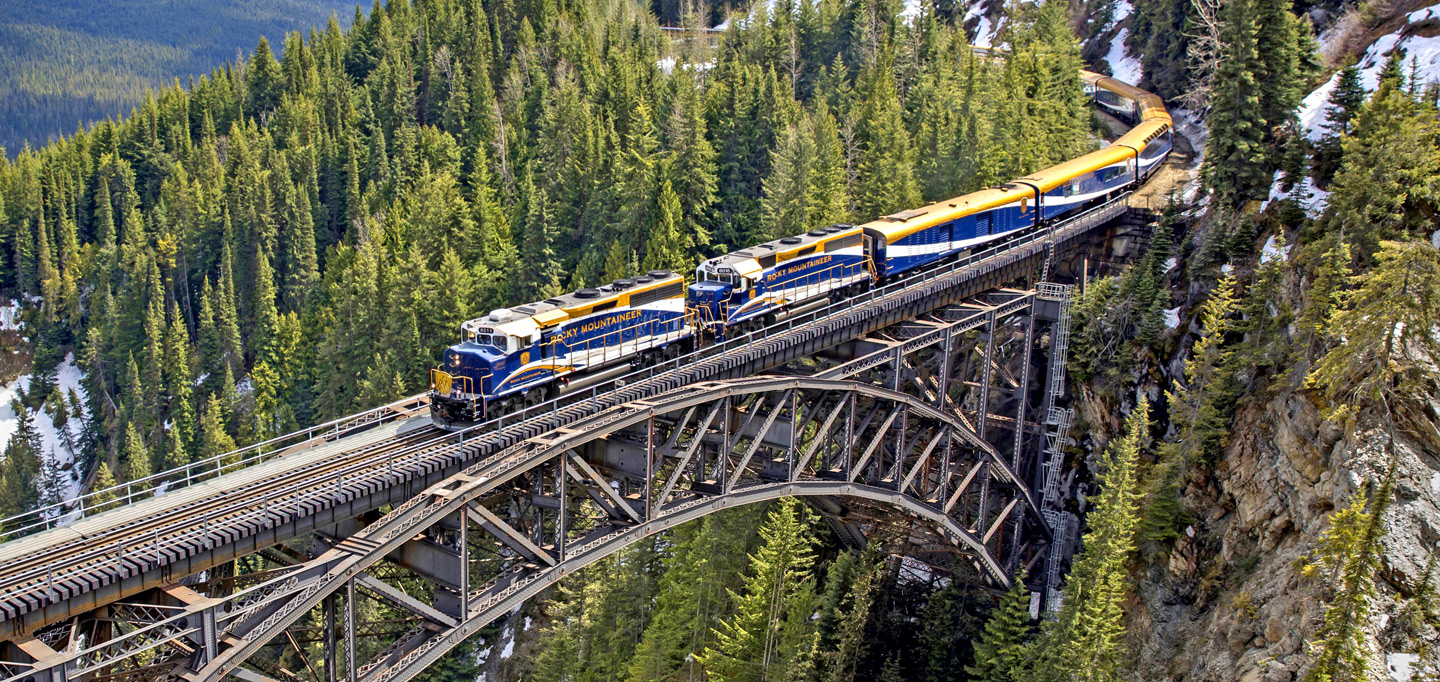 A train moving through the Canadian Rockies